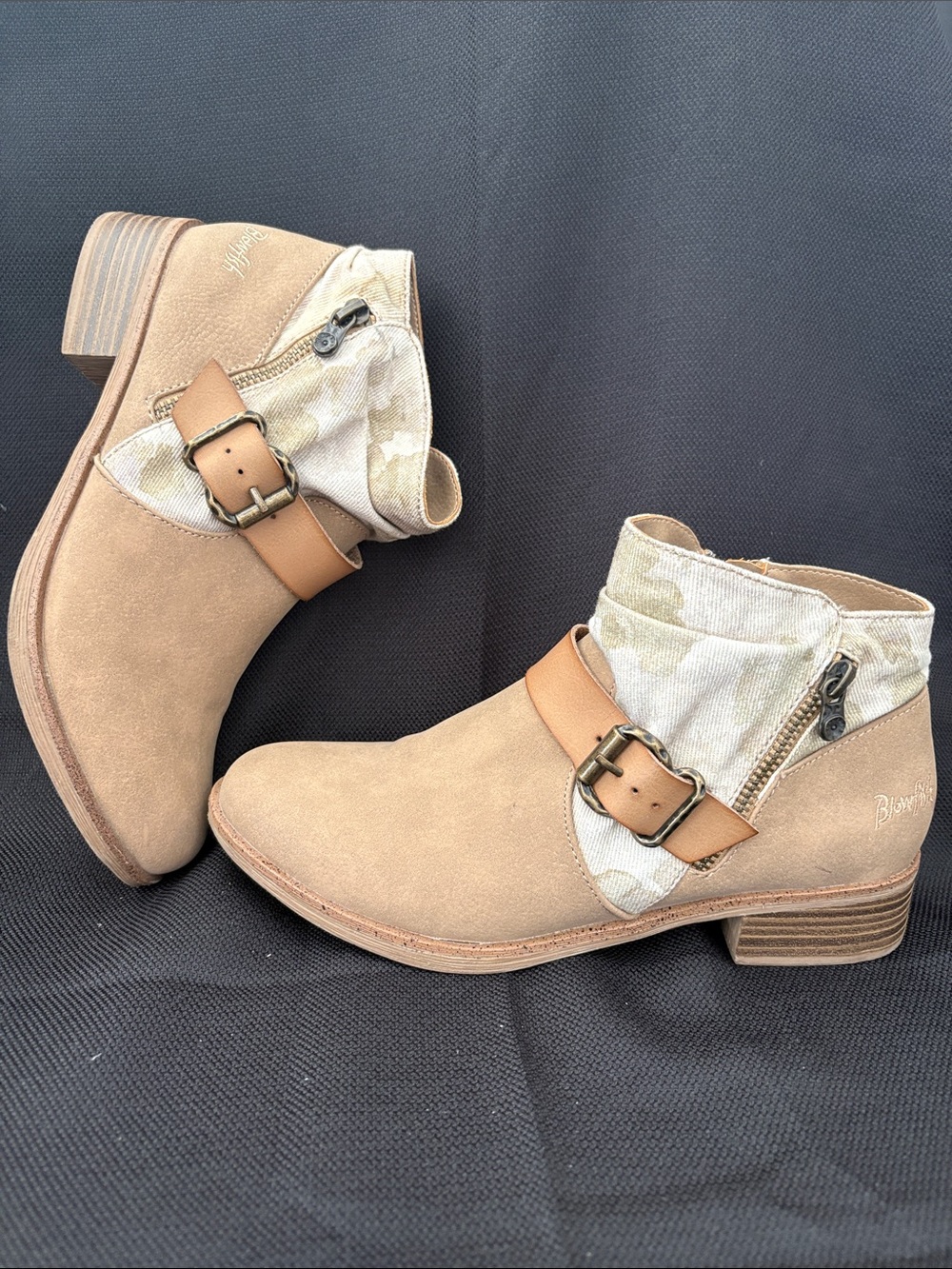 Blowfish Tan Suede Ankle Boots with Camouflage Cuff and Buckle